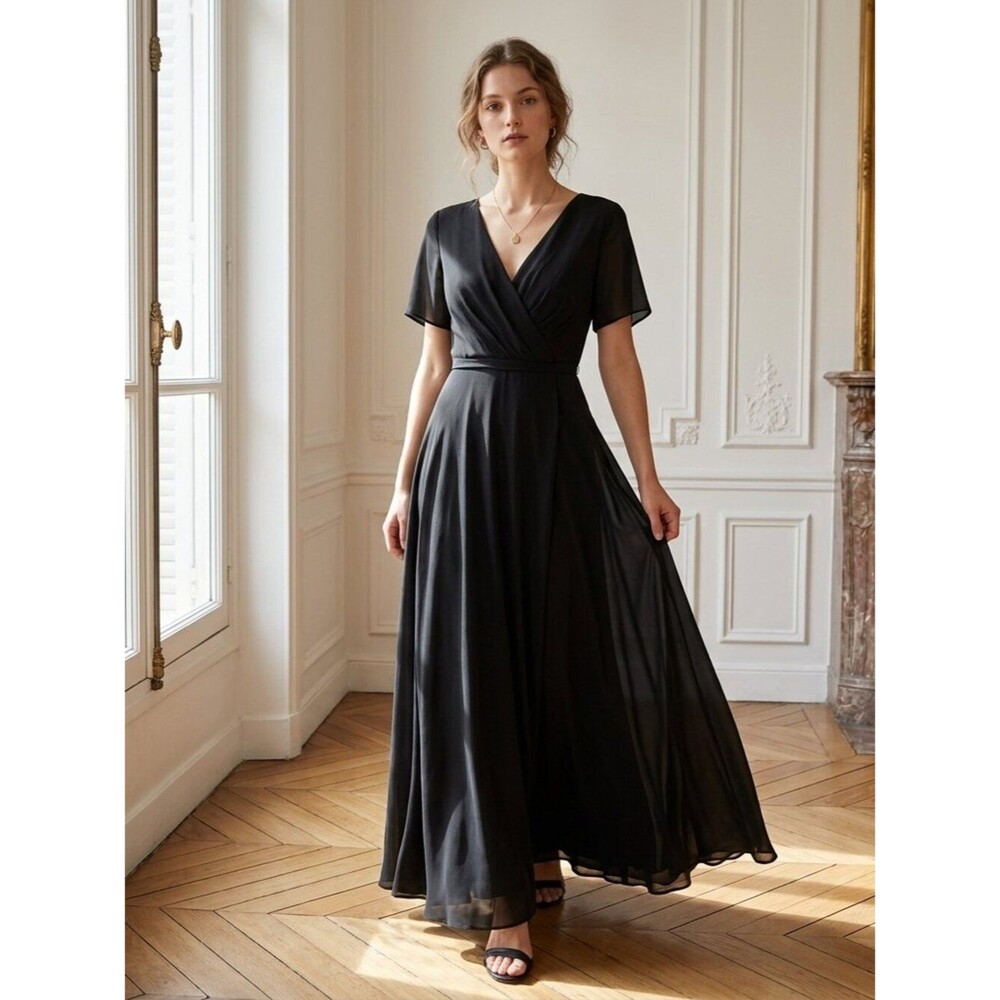 A.W. Bridal Black Chiffon Flutter Sleeve CZ Button Maxi Gown | Size 10
